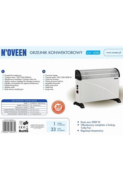 Noveen Radiator electric cu ventilator Turbo Noveen CH5000, 2000 W, 3 trepte de putere (Alb)