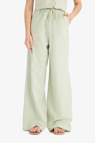 DeFacto Linen Blend Trousers Wide Leg Wide Loose Leg with Pockets Basic Plain Regular Waist Standard Length D1010Ax25Sp