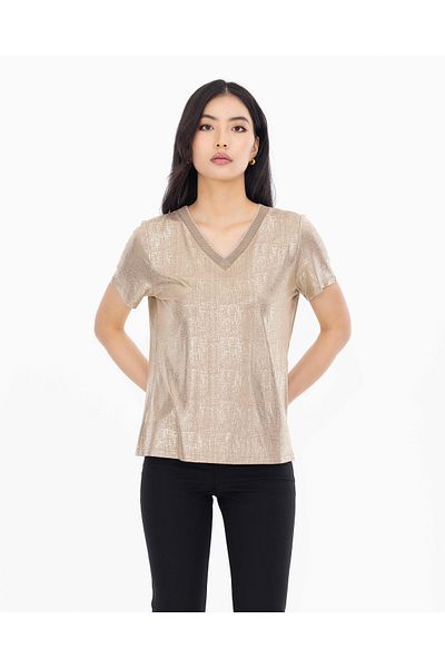 SEÇİL Ribbed V-Neck Short Sleeve Blouse