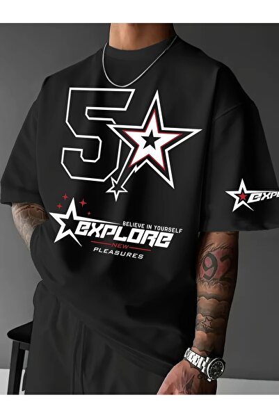 LAND MODA Ανδρικό μπλουζάκι με χαλαρό γιακά, με στάμπα "Believe In Yourself a...