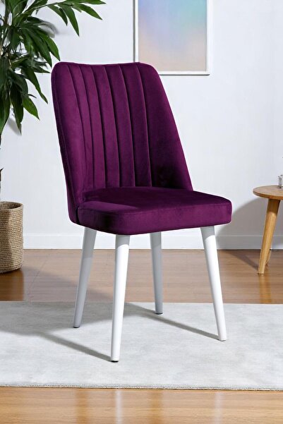 MYMASSA Polo Sandalye - Soho Mor Kumaş - Ahşap Beyaz Ayak - Mutfak Sandalyesi - Salon Sandalyesi