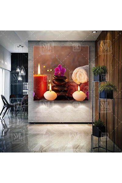 SML TABLO Spa Zen Stones Pink Orchid Candles Πετσέτα Σαλόνι μασάζ Τετράγωνος πίνακας σε καμβά