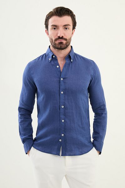 Mcr Plain Indigo Slim Fit 100% Linen Men's Shirt