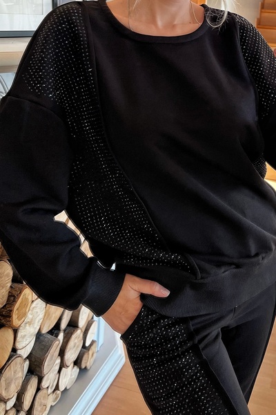 RICH GLAM Crystal Stone 3-Thread Cotton Stylish Design Comfortable Women's Black Tracksuit Set