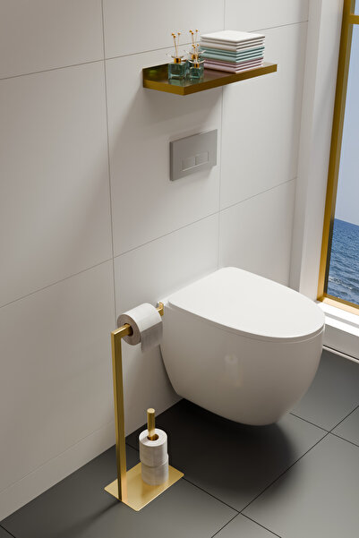 EVODORA Yedek Bölmeli Ayaklı Metal Tuvalet Kağıtlığı WC Kağıtlık Altın Sarısı