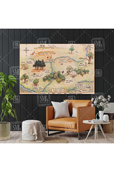 SML TABLO Winnie The Pooh Çizgi Filmi Haritası Çocuk Odası Yatay Kanvas Tablo