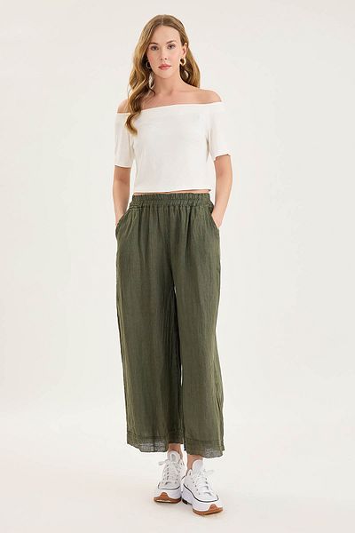 Vitrin Elastic Waist, Mesh Detailed Linen Trousers