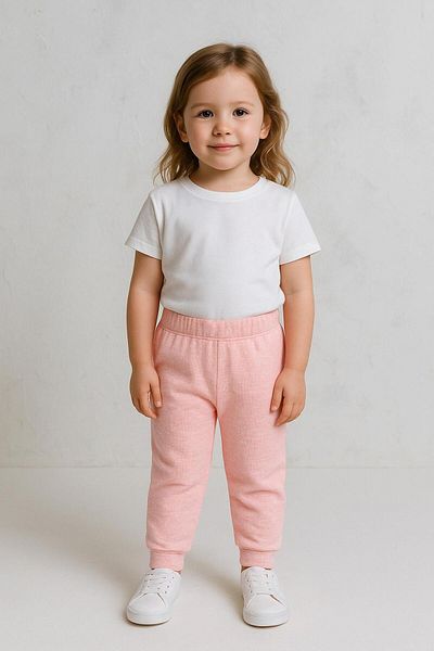 LUESS Girl's Soft Textured Cotton Trousers with Elastic Waist and Legs - Powder (3-4 Years 8-9 Years)