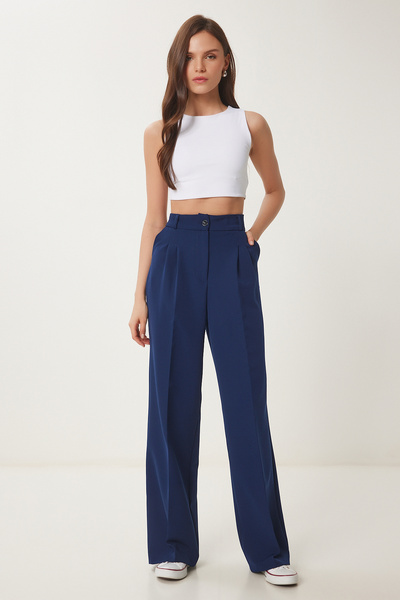 Lovelyİstanbul Pantaloni Palazzo țesuți cu buzunare ALBASTRU ÎNCHIS LHG0003