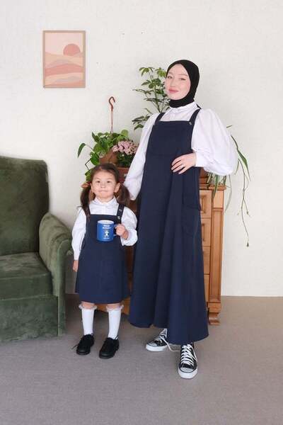 Ceylan Otantik Navy Blue Duck Linen Children's Skirted Salopet