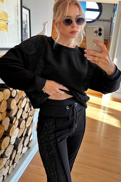 RICH GLAM Σετ γυναικεία μαύρη φόρμα από βαμβακερή κομψή σχεδίαση Crystal Stone 3 Thread