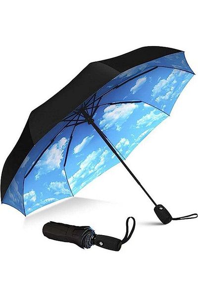 fulina Windproof Automatic Travel Umbrella,Strong & Portable,10 Ribs,Double Layer Canopy,for Rain Blue Sky