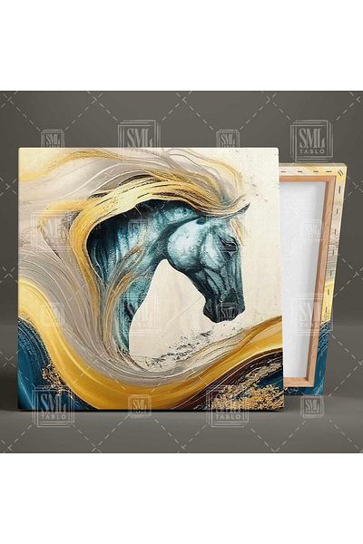 SML TABLO Μπλε και άσπρο άλογο Gold Waves Noble Animal Διπλό Τετράγωνο Συνδυασμός Σετ 2 Πίνακες ζωγραφικής σε καμβά