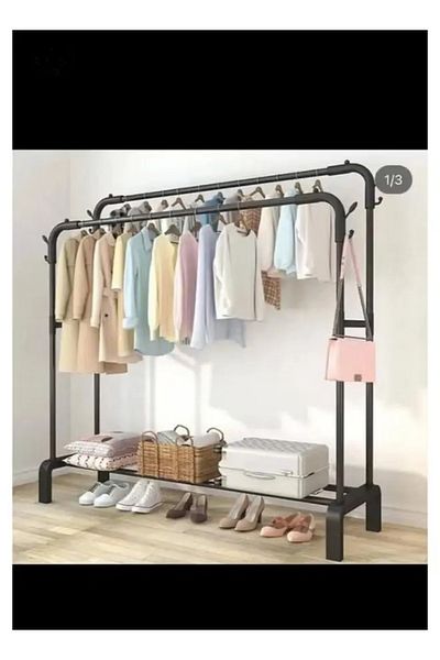 COOYA Double Rods Garment Rack, for Hanging Clothes, 8 Hooks, Multi-functional Clothes Rack, Black