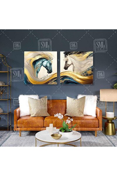SML TABLO Μπλε και άσπρο άλογο Gold Waves Noble Animal Διπλό Τετράγωνο Συνδυασμός Σετ 2 Πίνακες ζωγραφικής σε καμβά