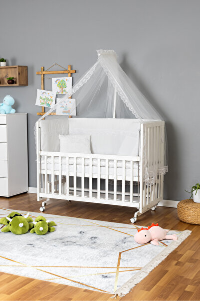 Bamgidoo Ahşap Beşik Anne Yanı Beşik Beyaz 60x120 - Beyaz Güpür Uyku Seti + Y...