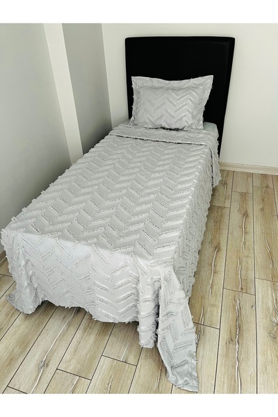 CANDAN ÇEYİZ Ponponlu Delux Bohem Gri Tek Kişilik Yatak Örtüsü Pike Takımı
