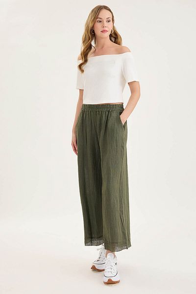 Vitrin Elastic Waist, Mesh Detailed Linen Trousers