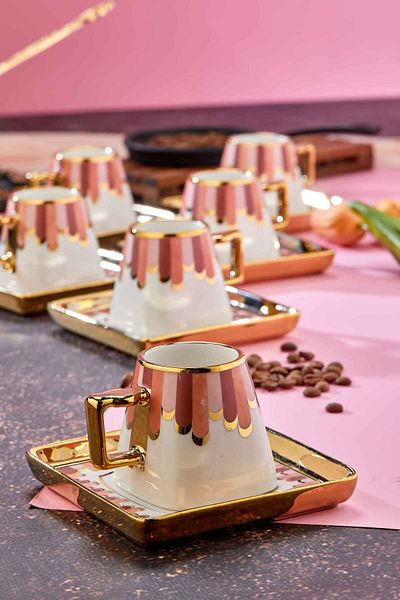 Cooker طقم فناجين قهوة بورسلين 90 مل مكون من 6 قطع - طقم فناجين عصري بتصميم أنيق ومذهّب باللون الذهبي