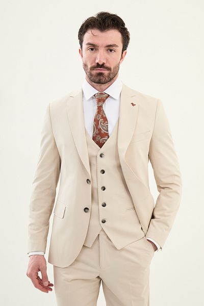 Mcr Straight Slim Fit Mono Collar Men's Suit Beige - 45394.25Y