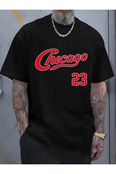 LAND MODA Ανδρικό κοντομάνικο μπλουζάκι Chicago 23 Letter Print, Άνετο μπλουζ...