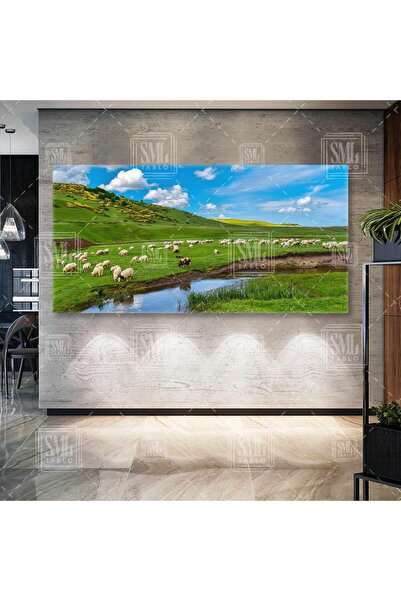 SML TABLO Yayla Koyun Dere Dağlar Manzara Yeşillik Enine Yatay Kanvas Tablo