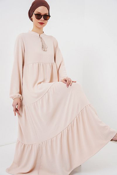 Bigdart Μοντέλο 1627 Μπεζ Hijab φόρεμα με γιακά με κορδόνια