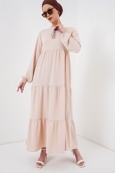 Bigdart Μοντέλο 1627 Μπεζ Hijab φόρεμα με γιακά με κορδόνια
