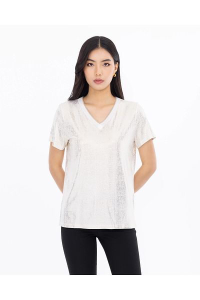 SEÇİL Ribbed V-Neck Short Sleeve Blouse