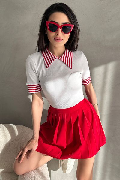 Chicup Γυναικεία Πλεκτή Μπλούζα με Γιακά Πόλο Λευκό Κόκκινο