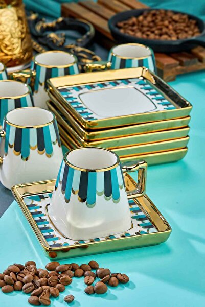 Cooker 90 ml Porcelain 6-Piece Coffee Cup Set - Stylish Design Gold Gilded Modern Cup Set