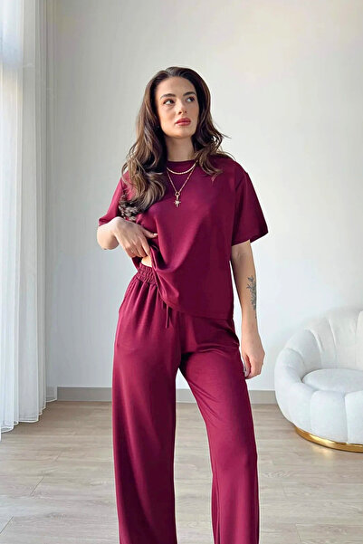Zerenyus Women's Modal Oys Fabric Short Sleeve Tracksuit Bottom Top Set Claret Red