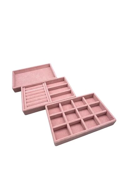 MeGass Dekor Domestic Production Suede Fabric Pink Color 3-Piece Set Jewelry Stand Inside Drawer
