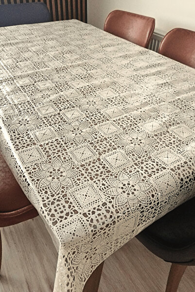 ELEGANCEV مفرش طاولة من القماش الزيتي ذو مظهر دانتيل شفاف - لون كريمي - مقاسا...