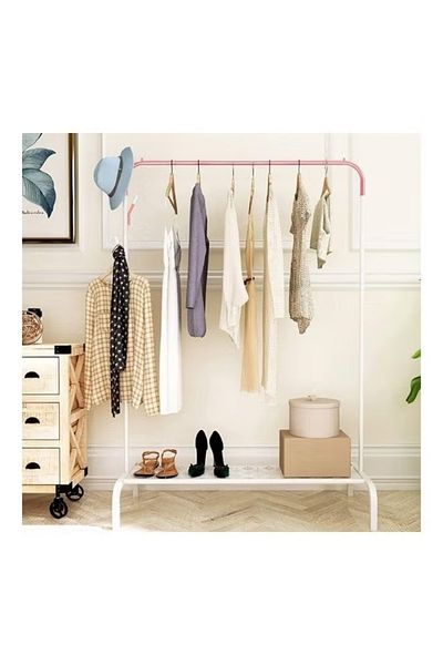 COOYA Floor Standing Cloth Rack, Single Rod Portable for Hanging clothes, Bedroom, Balcony(White)