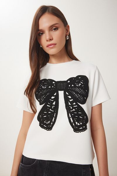 Lovelyİstanbul Guipure Bow Embroidered Knitted T-Shirt Bone Lcr0065