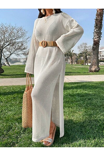 Rönesans Butik Kadın Yırtmaç Detaylı Ajurlu Triko Elbise