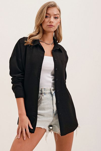 Merterium Cămașă de in negru oversize pentru femei, cu o singură buzunar
