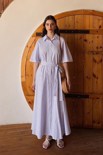 Olcay Popruhové pruhované popelínové šaty s krátkým rukávem BÍLÁ 9317-E