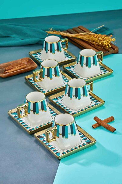 Cooker Şık Tasarımlı 6'lı 220 ml Porselen Çay Fincanı Seti - Altın Yaldızlı - Hediye Seçeneği