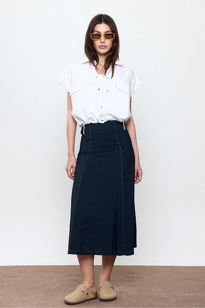 SHERIN Navy Blue Stitching Detailed Midi Skirt