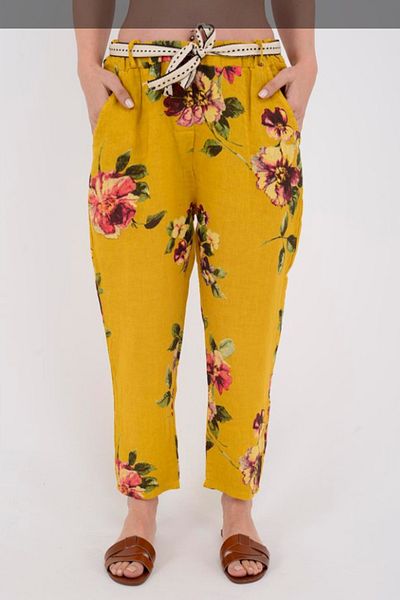 AYASOFYA OTANTIK Women's Mustard Italian Elastic Waist Belt Detailed Flower Pattern Carrot Linen Trousers