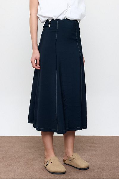 SHERIN Navy Blue Stitching Detailed Midi Skirt