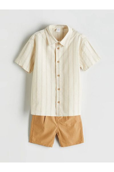 LC Waikiki Lcw Kids Beige Striped Boys' Shirt and Shorts 2-Pack