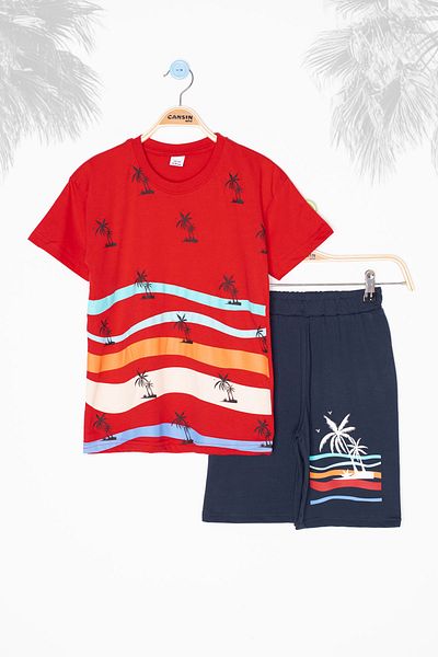 Cansın Mini Red Palm Patterned Crew Neck Boy's Shorts Suit 20623