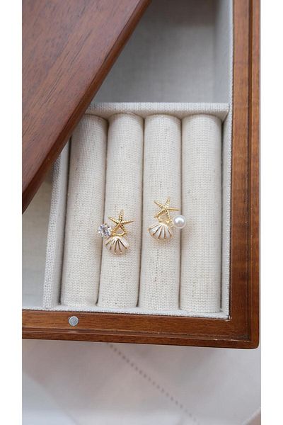 Jerie Gold Pearl and Stone Detailed Enameled Sea Earrings