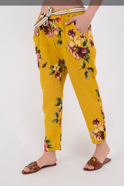 AYASOFYA OTANTIK Women's Mustard Italian Elastic Waist Belt Detailed Flower Pattern Carrot Linen Trousers