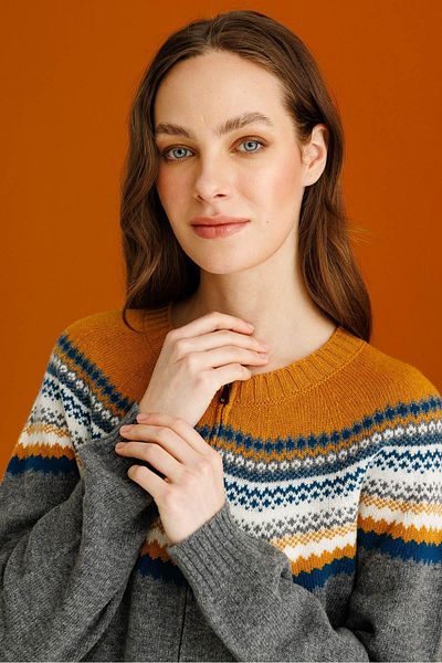 Desen Triko Women's Crew Neck Robe Jacquard Wool Cardigan Smoked