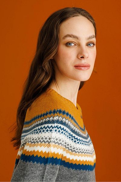 Desen Triko Women's Crew Neck Robe Jacquard Wool Cardigan Smoked