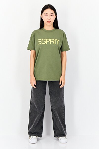 Esprit Women Crew Neck Short Sleeve Brand Logo T-Shirt, Olive